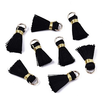 Handmade Polycotton(Polyester Cotton) Tassel Decorations, Pendant Decorations, with Golden Iron Loops, Black, 17~21x10x5mm, Jump Ring: 6x0.7mm, Inner Diameter: 4.6mm