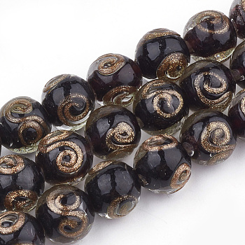 Handmade Gold Sand Lampwork Beads, Round, Black, 11.5~12.5x11~12mm, Hole: 1.5~2mm