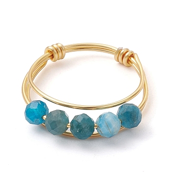 Natural Round Apatite Beaded Finger Rings, with Golden Copper Wire Wrapped Rings, US Size 8 1/2(18.5mm), 1.5~6mm