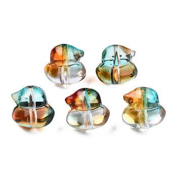 Transparent Spray Painted Glass Beads, Two Tone, Duck, Turquoise, 11.5x12x10.5mm, Hole: 1mm