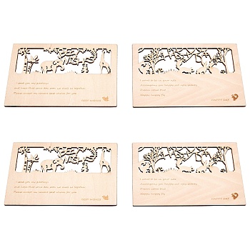 Wooden Postcard, with Animal & Word Best Wish Pattern, Rectangle, BurlyWood, 145x95x3mm, 4pcs/set