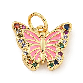 Rack Plating Brass Micro Pave Cubic Zirconia with Enamel Charms, with Jump Rings Long-Lasting Plated, Lead Free & Cadmium Free, Butterfly, Pink, 11x13x2.8mm, Hole: 3mm