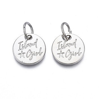 Rack Plating Alloy Charms, Cadmium Free & Lead Free, with Jump Rings, Flat Round with Word Island Girl, Platinum, 15mm, Jump Ring: 8x1mm, 6mm inner diameter
