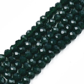 Opaque Solid Color Glass Beads Strands, Faceted, Rondelle, Dark Green, 3.5x3mm, Hole: 0.4mm, about 123~127pcs/strand, 13.7~14.1 inch(35~36cm)