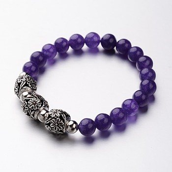 Natural Amethyst Stretch Bracelets, with Antique Silver Alloy Beads, 53mm