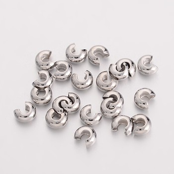 Brass Crimp Beads Covers, Ringent Round, Platinum, About 4mm In Diameter, 3mm Thick, Hole: 1.5mm