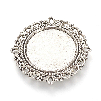 Tibetan Style Alloy Cabochon Connector Settings, Flat Round, Cadmium Free & Nickel Free & Lead Free, Antique Silver, Tray: 20mm, 31x31x2mm, Hole: 2x1mm