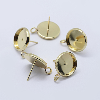 Brass Stud Earring Settings, with Loop, Flat Round, Golden, Tray: 12mm, 17~18x14mm, Hole: 2mm, Pin: 0.8mm