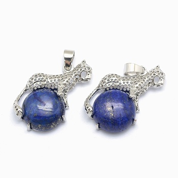 Natural Lapis Lazuli Pendants, with Alloy Findings, Leopard, Dyed, Platinum, 33.5x20x7mm, Hole: 4x6mm