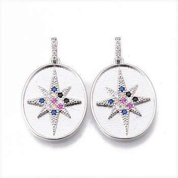 Brass Micro Pave Cubic Colorful Zirconia Pendants, Nickel Free, Oval with Star, Platinum, 24x18x2mm, Hole: 2x5mm