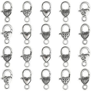 25Pcs 5 Styles Tibetan Style Alloy Lobster Claw Clasps, Heart, Antique Silver, 25~27x14.5x5~6mm, Hole: 4mm, 5pcs/style