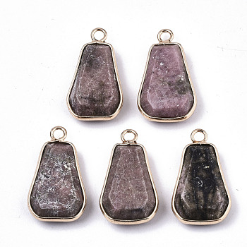 Natural Rhodonite Pendants, with Light Gold Plate Brass Edge and Loop, Trapezoid, Faceted, 25x14x6mm, Hole: 2mm