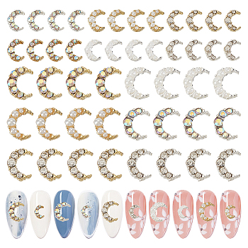 48Pcs 12 Style Moon Alloy Rhinestone Cabochons, with Plastic Imitation Pearl, Nail Art Studs, Nail Art Decoration Accessories for Women, Golden & Silver, 6~10x4.5~7.5x2~3mm, 4pcs/style