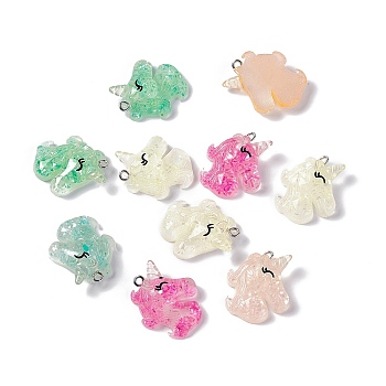 Translucent Resin Pendants, Glitter Unicorn Charms, with Platinum Tone Iron Loops, Mixed Color, 28x23x8mm, Hole: 2mm