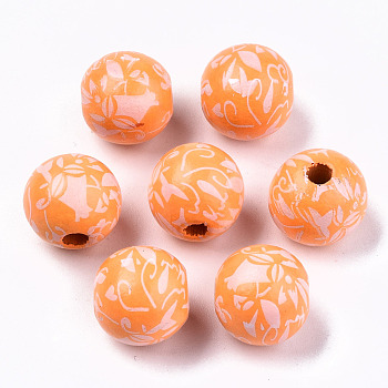 Printed Natural Wooden Beads, Round with Floarl Pattern, Coral, 14x13mm, Hole: 3mm