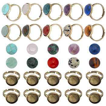 DIY Half Round Adjustable Ring Making Kit, Including Brass Finger Ring Components Settings, Natural & Synthetic Mixed Gemstone Cabochons, 40Pcs/box