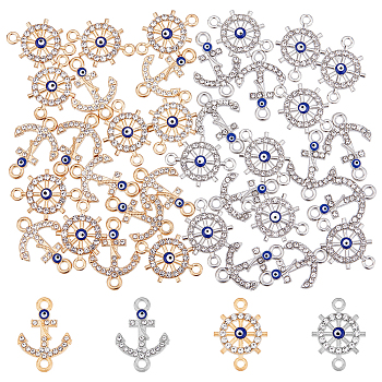 40Pcs 4 Styles Nautical Theme Alloy Evil Eye Enamel Connector Charms, Anchor & Helm Links with Crystal Rhinestones, Platinum & Light Gold, 14.5~21x14.5~20x2~3mm, hole: 1.8~2mm, 10pcs/style