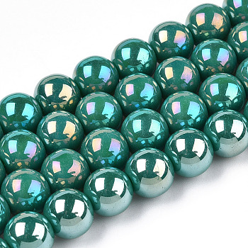 Electroplate Opaque Glass Beads Strands, AB Color Plated, Round, Dark Cyan, 4~4.5mm, Hole: 0.8mm, about 97~99pcs/strand, 14.76 inch~14.96 inch(37.5~38cm)