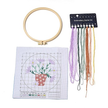 Vase DIY Cross Stitch Beginner Kits, Stamped Cross Stitch Kit, Including Printed Fabric, Embroidery Thread & Needles, Embroidery Hoop, Instructions, 0.3~0.4mm, 8 colors