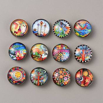 Brass Jewelry Snap Buttons, with Glass Cabochons, Half Round, House Pattern, 19x9.5mm, 12pcs/set