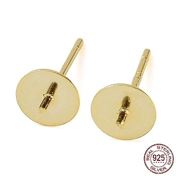 925 Sterling Silver Stud Earring Findings, Flat Pad, for Half Drilled Bead, with S925 Stamp, Real 18K Gold Plated, 12.5x6mm, Pin: 0.7mm