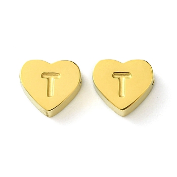Ion Plating(IP) 316 Surgical Stainless Steel Beads, Love Heart with Letter Bead, Real 18K Gold Plated, Letter T, 5.5x6.5x2.5mm, Hole: 1.4mm