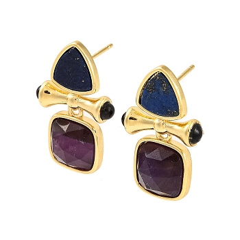 Ion Plating(IP) Natural Lapis Lazuli and Natural Amethyst Stud Earring Findings, with Golden Plated Brass Findings, Square, 25x16mm