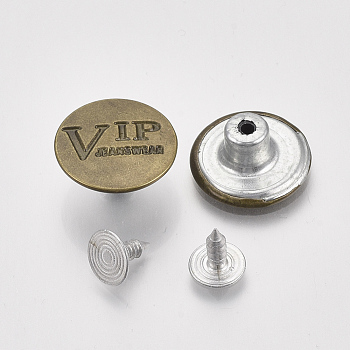 Iron Button Pins for Jeans, Garment Accessories, Flat Round with Word VIP Jeans Wear, Antique Bronze, 17x7.5mm, Hole: 1.8mm, Pin: 7.5x8mm, Knob: 2.5mm, 2pcs/set