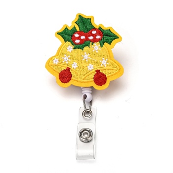 Christmas Bell Felt & ABS Plastic Badge Reel, Retractable Badge Holder, with Iron Alligator Clip, Platinum, Gold, 99mm, Bell: 61x53.5x24mm