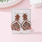 Christmas House Acrylic Dangle Stud Earrings with Glitter Powder for Women, Camel, 50x30mm(FS-WG63F56-01)