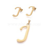 304 Stainless Steel Pendants and Stud Earrings Jewelry Sets, Alphabet, Letter.J, 32x13.5x1.5mm, Hole: 6x3mm, 17x8x1.5mm, Pin: 0.8mm(SJEW-P101-10G)