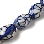 Handmade Porcelain Beads, Oval with Flower, Midnight Blue, 18~19x12~13.5mm, Hole: 1.6mm(PORC-C003-02)