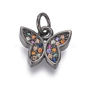 Brass Micro Pave Cubic Zirconia Charms, with Jump Rings, Butterfly, Colorful, Gunmetal, 9.5x11x2mm, Hole: 3mm(ZIRC-I032-59B)