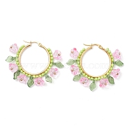 Glass Flower Hoop Earrings, with 304 Stainless Steel Earrings Fingings, Golden, Pink, 40x9x47mm(EJEW-TA00589-03)