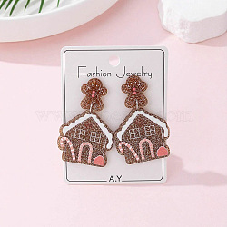 Christmas House Acrylic Dangle Stud Earrings with Glitter Powder for Women, Camel, 50x30mm(FS-WG63F56-01)