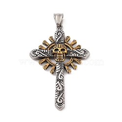 304 Stainless Steel Big Pendants, Cross with Skull Charm, Antique Silver & Antique Real 18K Gold Plated, 63x39x6mm, Hole: 4x7mm(STAS-S122-08AG)