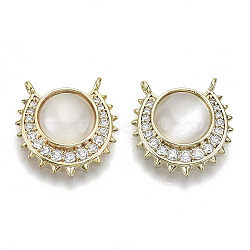 Brass Micro Pave Cubic Zirconia Charms, with Glass Imitation Cat Eye, Nickel Free, Flat Round, Real 18K Gold Plated, Old Lace, 13x13x3mm, Hole: 1mm(KK-N232-91-NF)