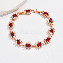 Cubic Zirconia Teardrop Link Chain Bracelet, Real 18K Gold Plated Brass Bracelet, Red, 7-5/8 inch(19.5cm)(JY9685-1)