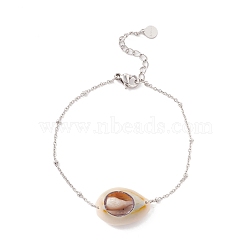 Natural Cowrie Shell Link Bracelet with Satellite Chain for Women, Stainless Steel Color, Seashell Color, 6-1/2 inch(16.4cm)(STAS-P302-12P)
