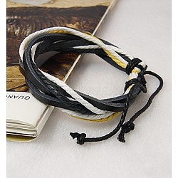 Multi-strand Bracelets, with Waxed Cotton Cord and PU Leather, Black, 55mm(X-BJEW-H313-2)
