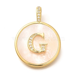 Rack Plating Brass Micro Pave Clear Cubic Zirconia Pendants with Shell, Letter Series Charms, Long-Lasting Plated, Lead Free & Cadmium Free, Letter G, 32x24x3.5mm, Hole: 6x3mm(KK-M309-42G-G)