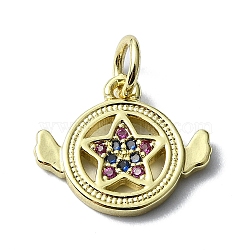 Brass Micro Pave Colorful Cubic Zirconia Pendants, with Jump Ring, Flat Round with Star Charm, Real 18K Gold Plated, 12x14x1.5mm, Hole: 3mm(KK-H475-19G-07)