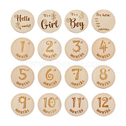 Basswood Milestone Cards, with Word, Flat Round, BurlyWood, 100x3mm, 12pcs/set, 2sets/bag(WOOD-TA0001-41C)