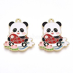 Alloy Enamel Pendants, Lead Free & Cadmium Free, Panda Shape Charms, Golden, White, 27x23x1.2mm, Hole: 1.8mm(ENAM-T022-03G)