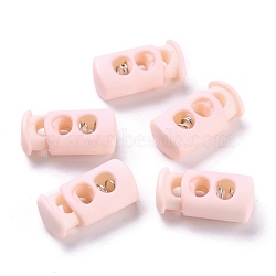 Plastic Spring Cord Lock Stopper Cylinder, with Iron Findings, 2-Hole, Platinum, Pink, 23.5x12x8.5mm, Hole: 6x3.5mm(FIND-I013-A15)