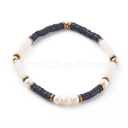 Polymer Clay Heishi Beaded Stretch Bracelets, with Natural Pearl Beads and Non-magnetic Synthetic Hematite Beads, Black, Inner Diameter: 2-1/8 inch(5.5cm)(BJEW-JB06145-02)
