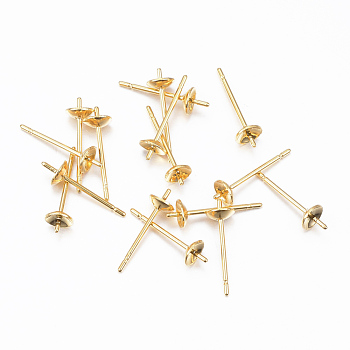 304 Stainless Steel Post Stud Earring Settings For Half Drilled Bead, Real 24K Gold Plated, 13.5x4mm, Tray: 3.5mm, Pin: 0.8mm