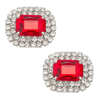 Alloy Rhinestone Shoe Decorations, Rectangle Octagon ShoE Buckle Clips, Ruby, 35x42.5x12.5mm