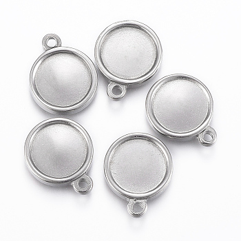304 Stainless Steel Pendant Cabochon Settings, Double-sided Tray, Flat Round, Stainless Steel Color, 17x14x2.5mm, Hole: 2mm, Tray: 11mm