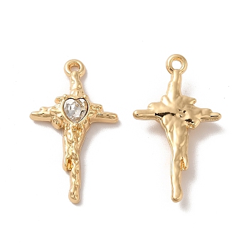 Rack Plating Alloy Pandants, with Glass, Nickel Free, Cross with Heart Charms, Golden, Clear, 27.5x16x4.5mm, Hole: 1.5mm